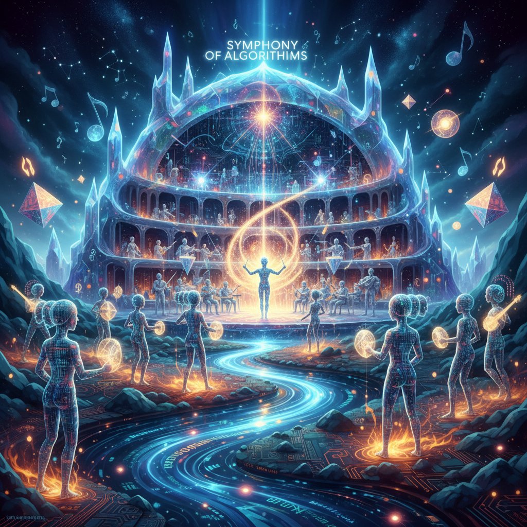 Abstract representation of AI composing music and choreography for a musical movie, symbolizing digital disruption in the genre.