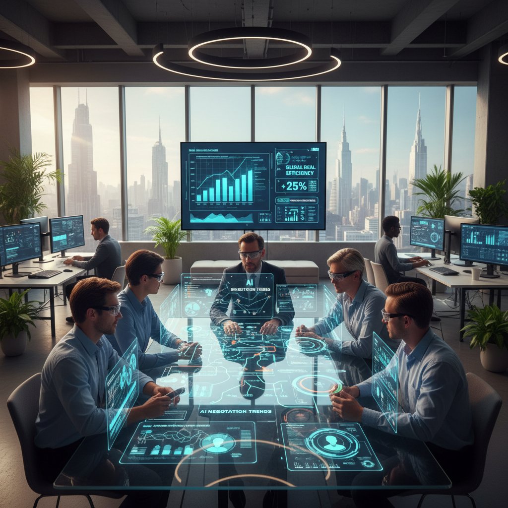 Nowoczesny open space z zespołem analizującym dane negocjacyjne na ekranach AI