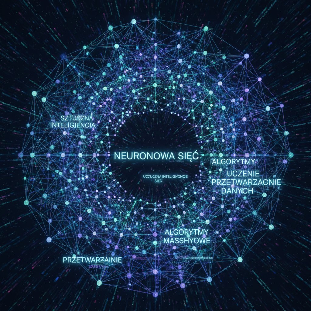 Wizualizacja sieci neuronowej AI z polskimi słowami, styl digital art