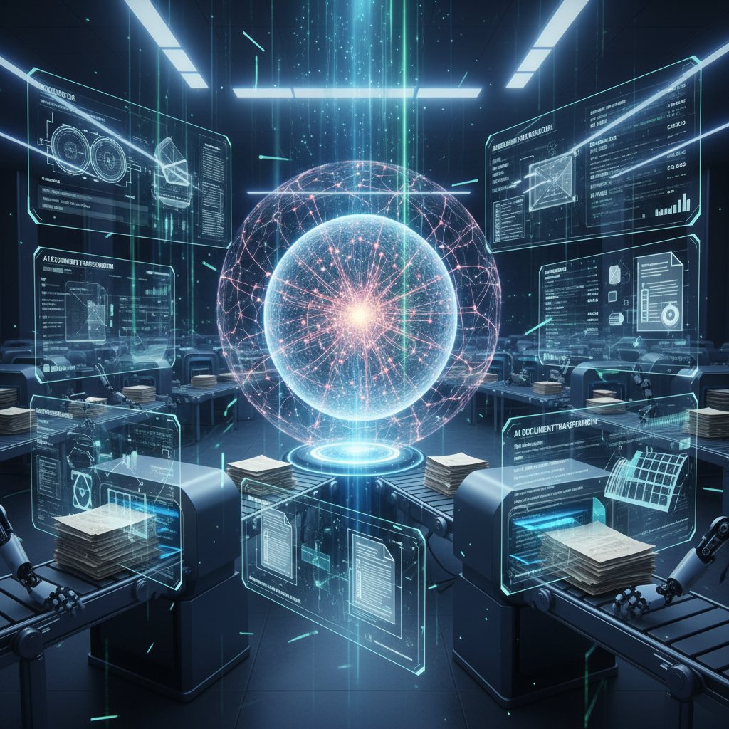 Abstract AI neural network overlaying digital documents, representing document digitization technology innovations