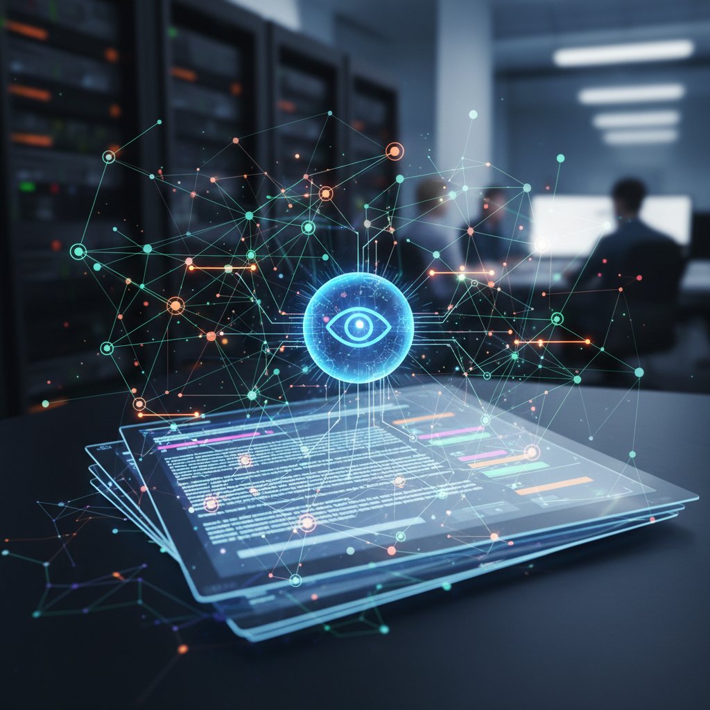 Stylized cross-section of a neural network ‘reading’ a document, showing AI neural network processing complex content in an editorial environment