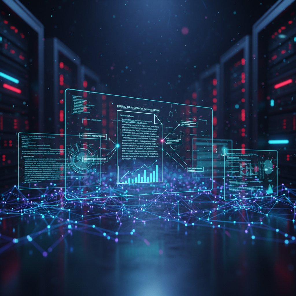 Conceptual digital art: AI neural network overlaying document text, symbolizing real-time AI document analysis in a techy, moody environment