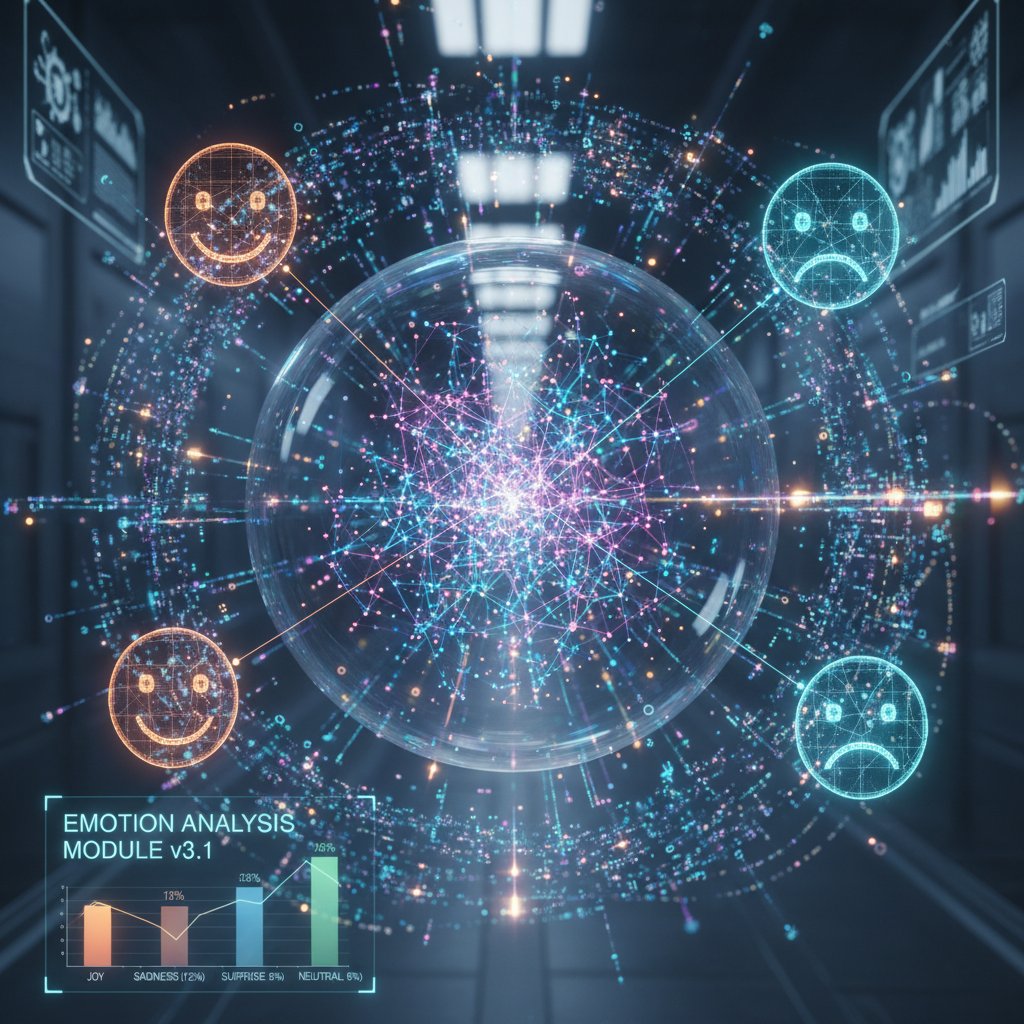Sieć neuronowa AI analizująca emocje użytkownika poprzez kolorowe impulsy i interakcje