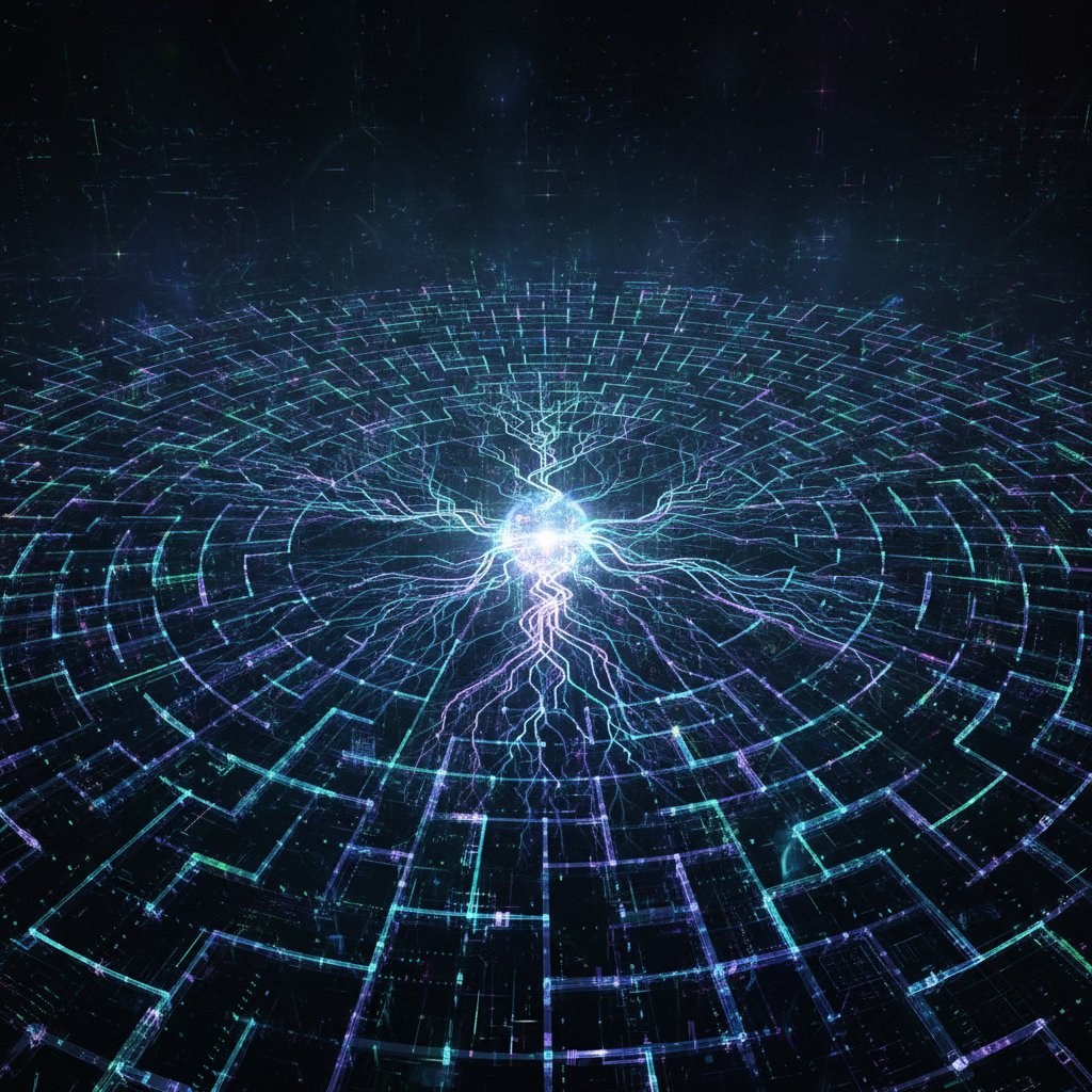 Sieć neuronowa AI jako nieskończony labirynt, symbolizująca skalę i złożoność sztucznej inteligencji w 2025 roku