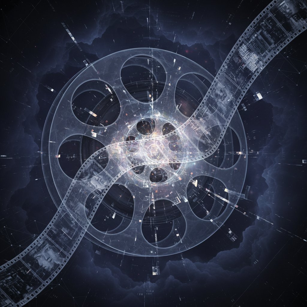 Abstract digital art of AI neural network visualized as a film reel, dark colors, cinematic mood, customized movie assistant theme