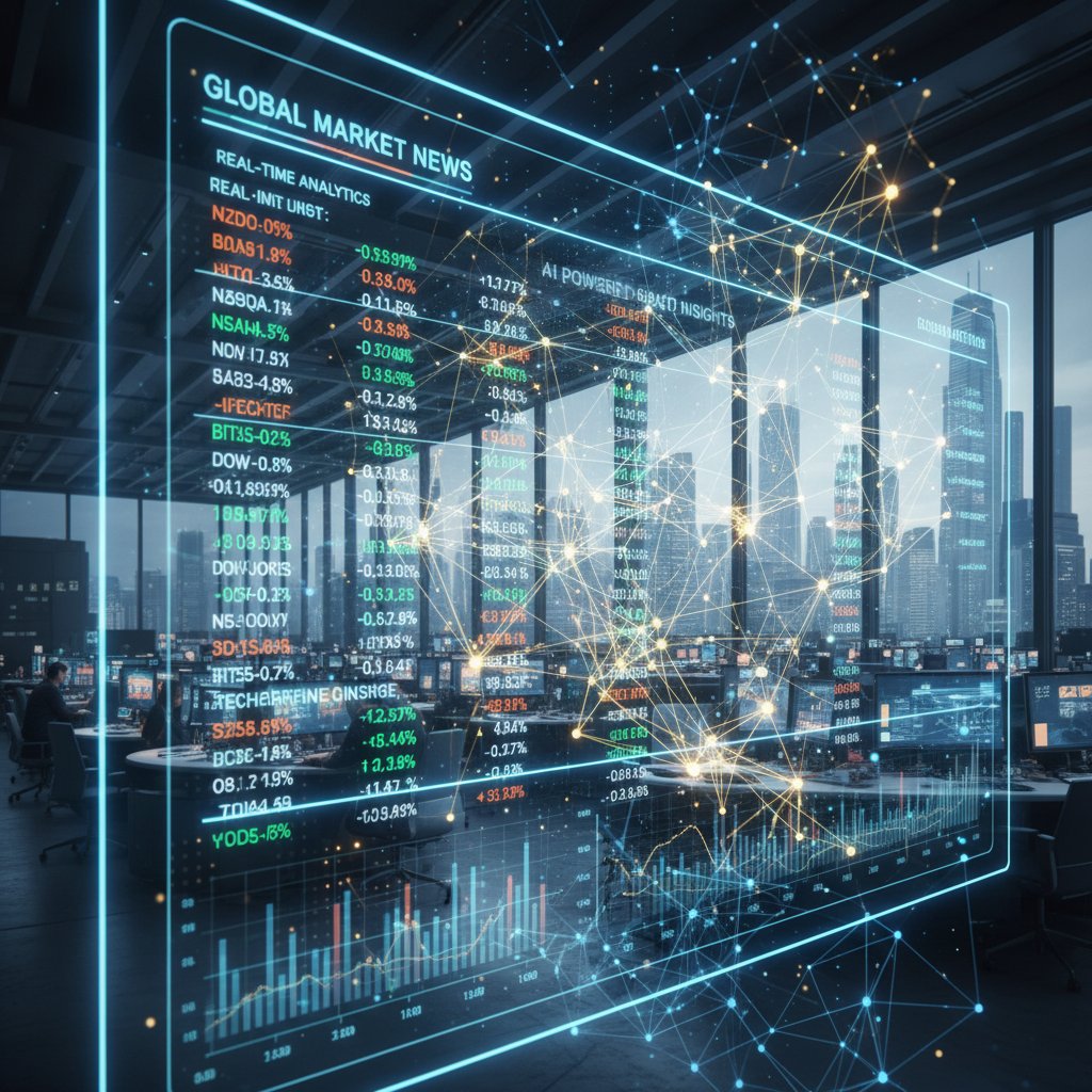 Schematic of an AI neural network analyzing real-time financial headlines