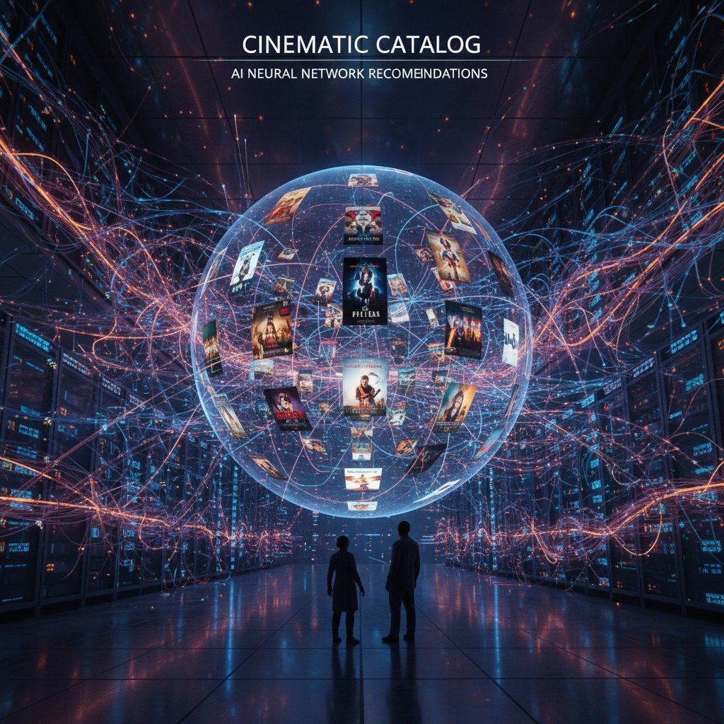 AI neural network visualizing movie recommendation process in a stylized, cinematic setting