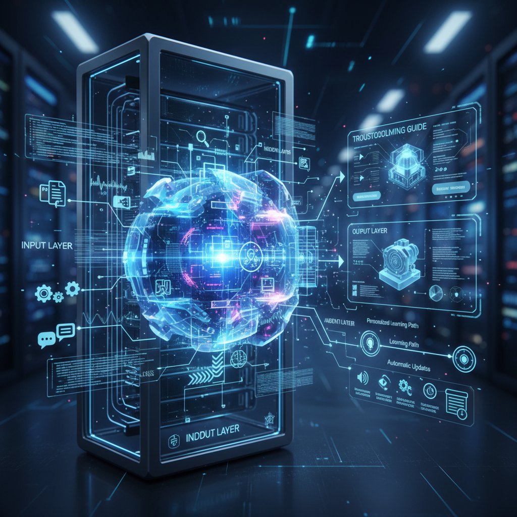 AI neural network overlaying technical manuals, illustrating intelligent documentation generator technology in action