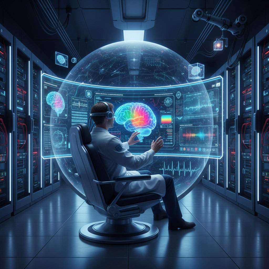 Nowoczesny komputer, naukowiec analizujący dane MEG przy użyciu AI