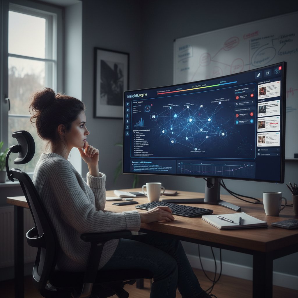 Analiza newsów przez AI, programista i dziennikarz dyskutujący nad wynikami pracy algorytmu