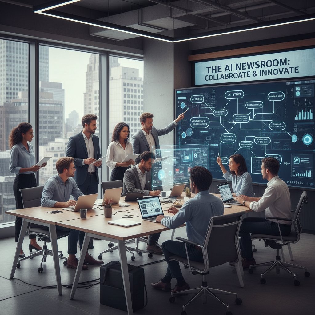 Confident journalist collaborating with AI system, brainstorming ideas in a modern office