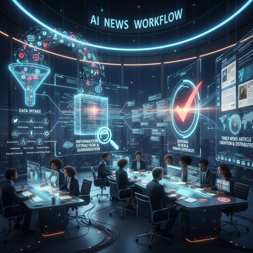 A flowchart showing each step of AI-powered news article creation, from data intake to editorial review