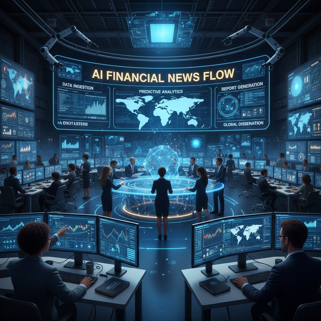 Flowchart showing data input to AI model to news output, represented by person working at AI-powered workstation