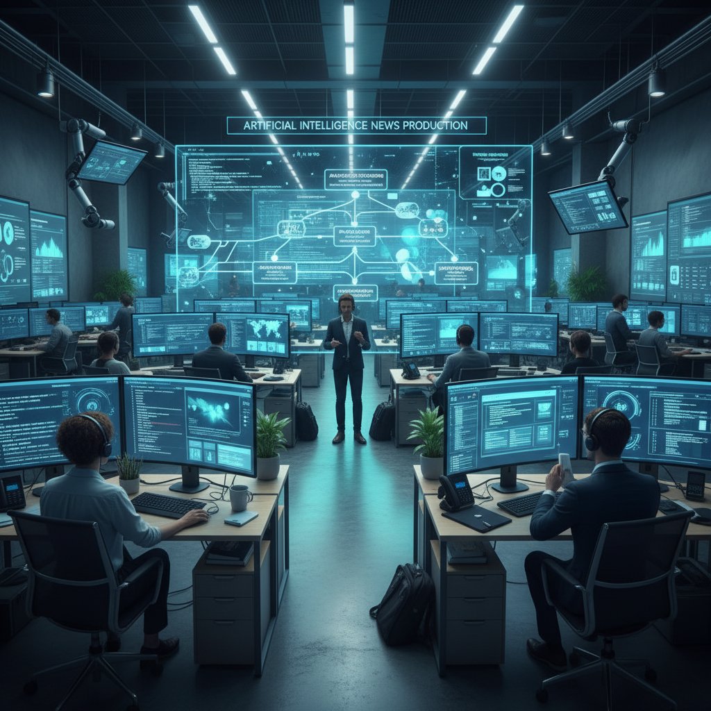 Diagram showing how AI-powered news generation software produces articles, stylized schematic