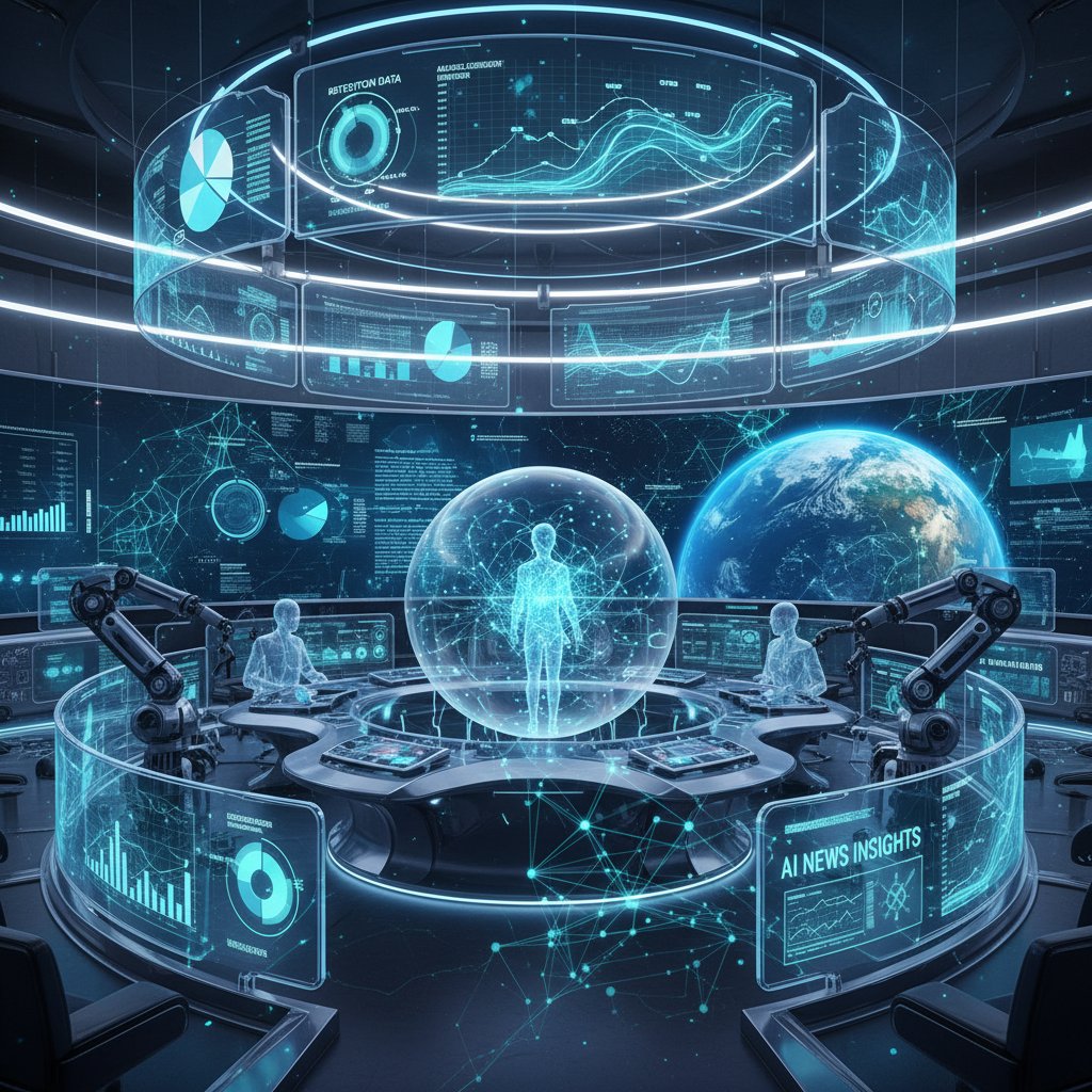 AI-driven newsroom monitoring retention data, futuristic newsroom with AI-generated headlines, analytics overlays, SEO keywords audience retention news articles
