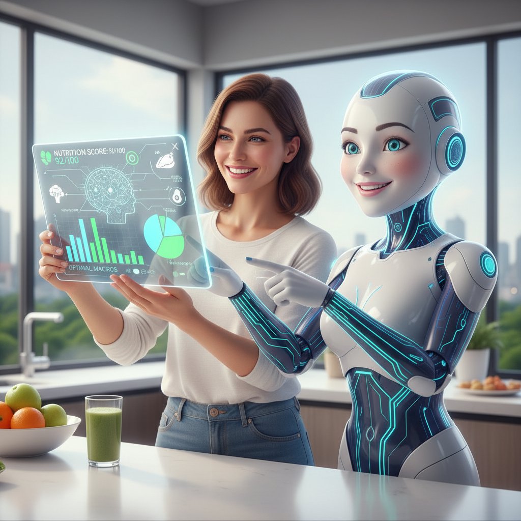 Inteligentny doradca AI analizujący dane żywieniowe na ekranie, użytkownik zadowolony z personalizacji