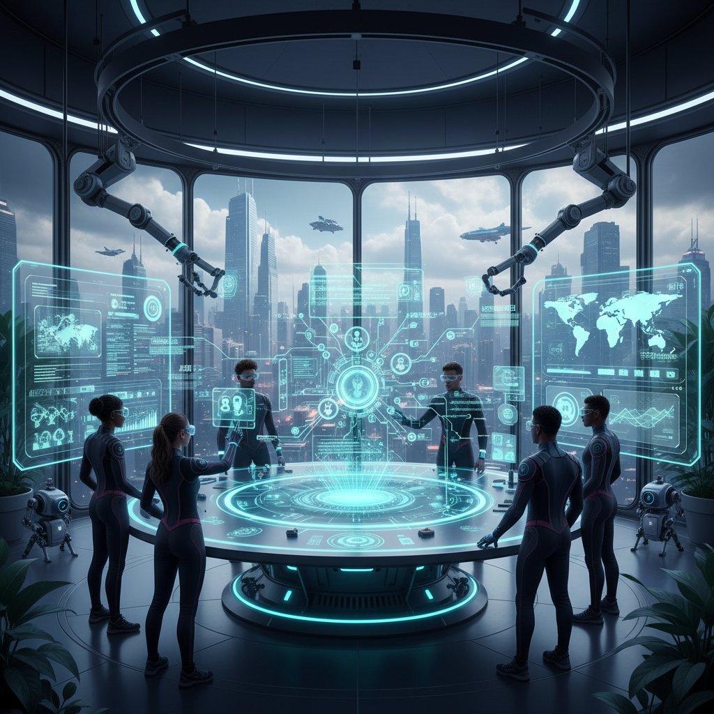 Futuristic office with AI digital patterns weaving through teams at work, symbolizing collaborative automation