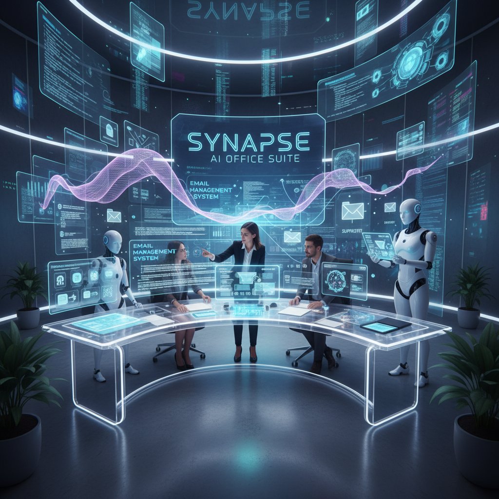 Nowoczesne biuro z dużym ekranem, na którym AI zarządza skrzynką email kilku pracowników jednocześnie