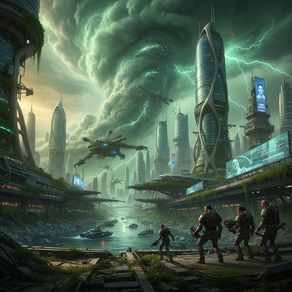 Futuristic city blending technology and catastrophe, representing new trends in crisis movies