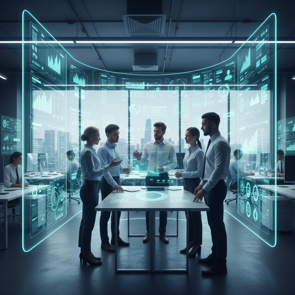 Zdjęcie zespołu korzystającego z paneli AI w codziennej pracy biurowej