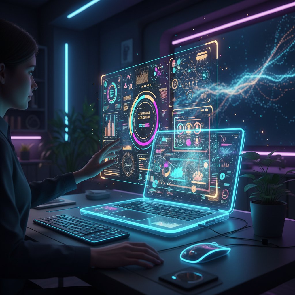 Modern office with glowing laptop, AI hologram hovering, and digital dashboard showing productivity metrics, keywords "AI personal assistant tools"