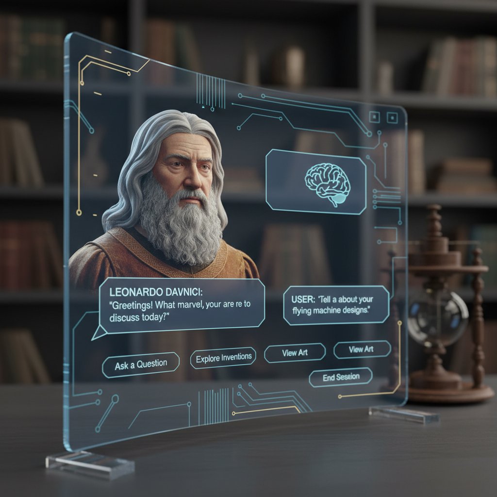 Zbliżenie ekranu z Symulatorem osobowości AI podczas rozmowy z historyczną postacią
