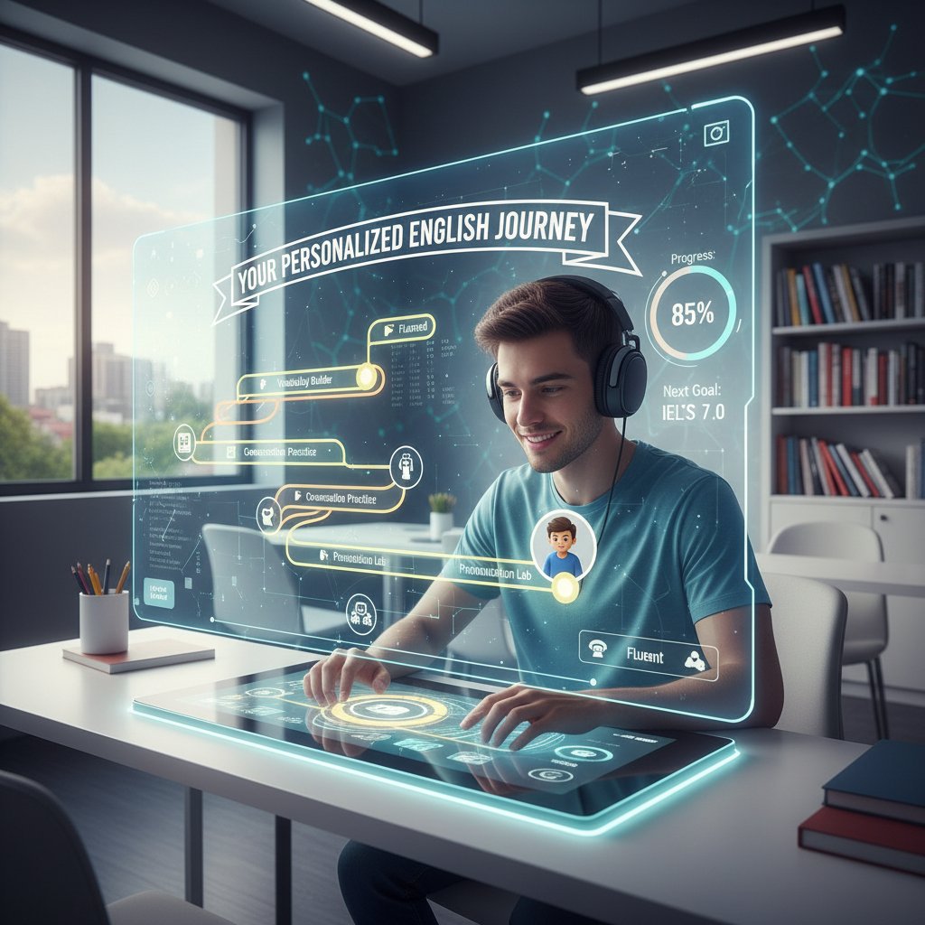 Ekran z wizualizacją spersonalizowanej ścieżki nauki języka angielskiego, AI rekomenduje kolejne kroki