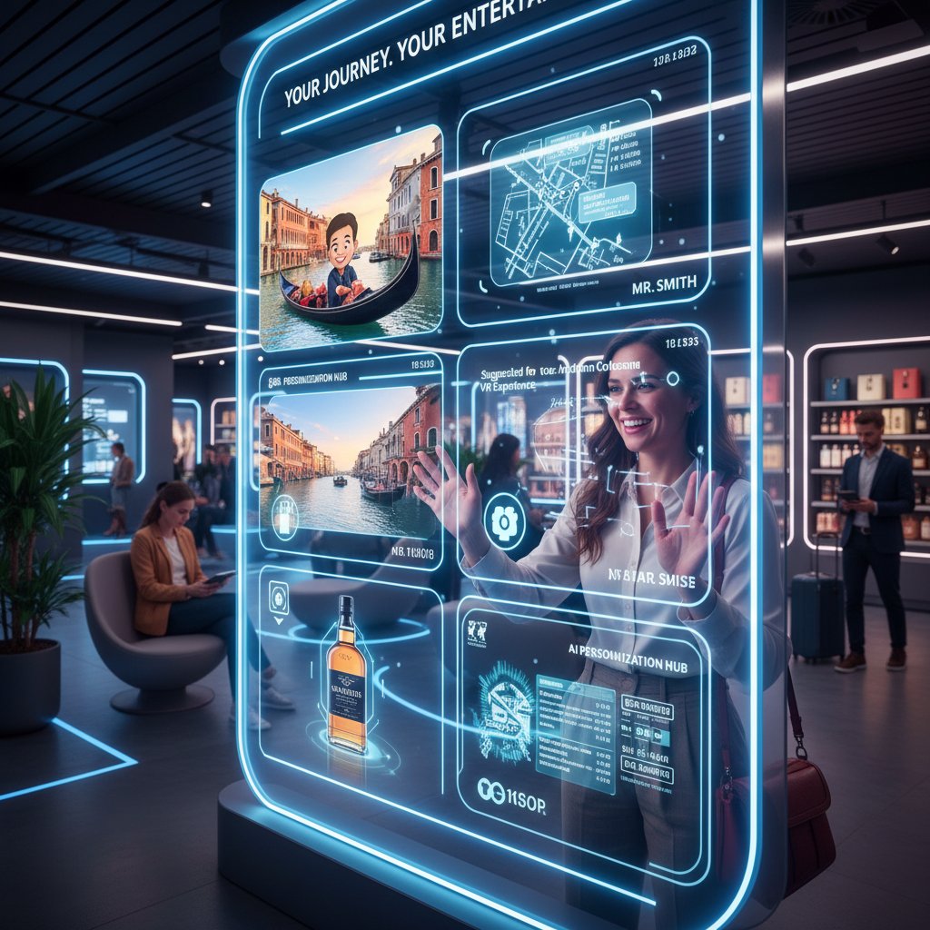 AI personalization across travel, retail, and entertainment, customer interacting, side-by-side photo