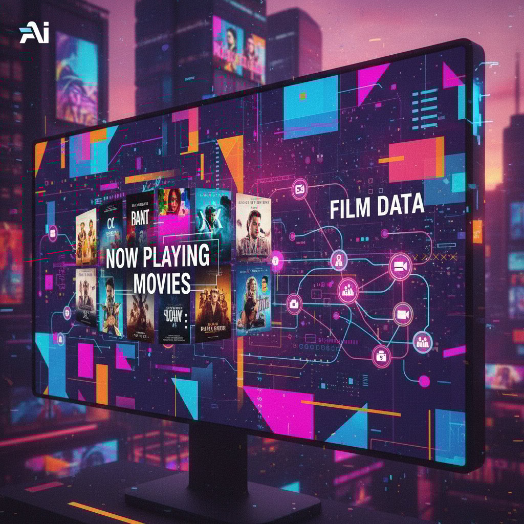 AI-driven platform analyzing film data for recommendations, abstract visualization, colorful, now playing movies, recommendation engine, edgy mood