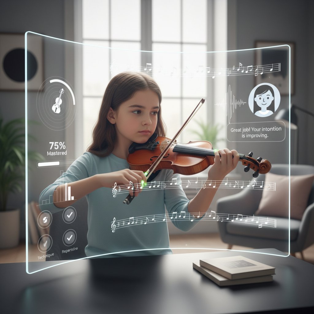 Młody uczeń korzystający z platformy AI do nauki skrzypiec, ekran komputera z analizą gry