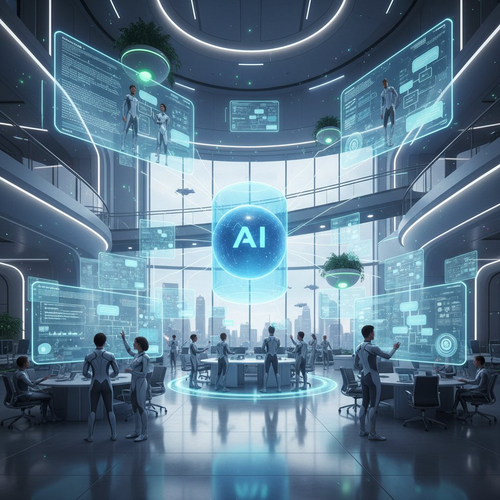 AI-powered assistant managing multiple conversations on digital screens, calm futuristic office setting, symbolizing AI and human interaction