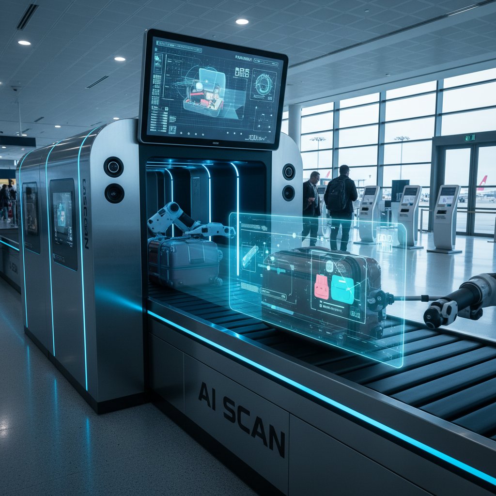 High-tech baggage check-in station using AI at a modern airport, digital interface and automation