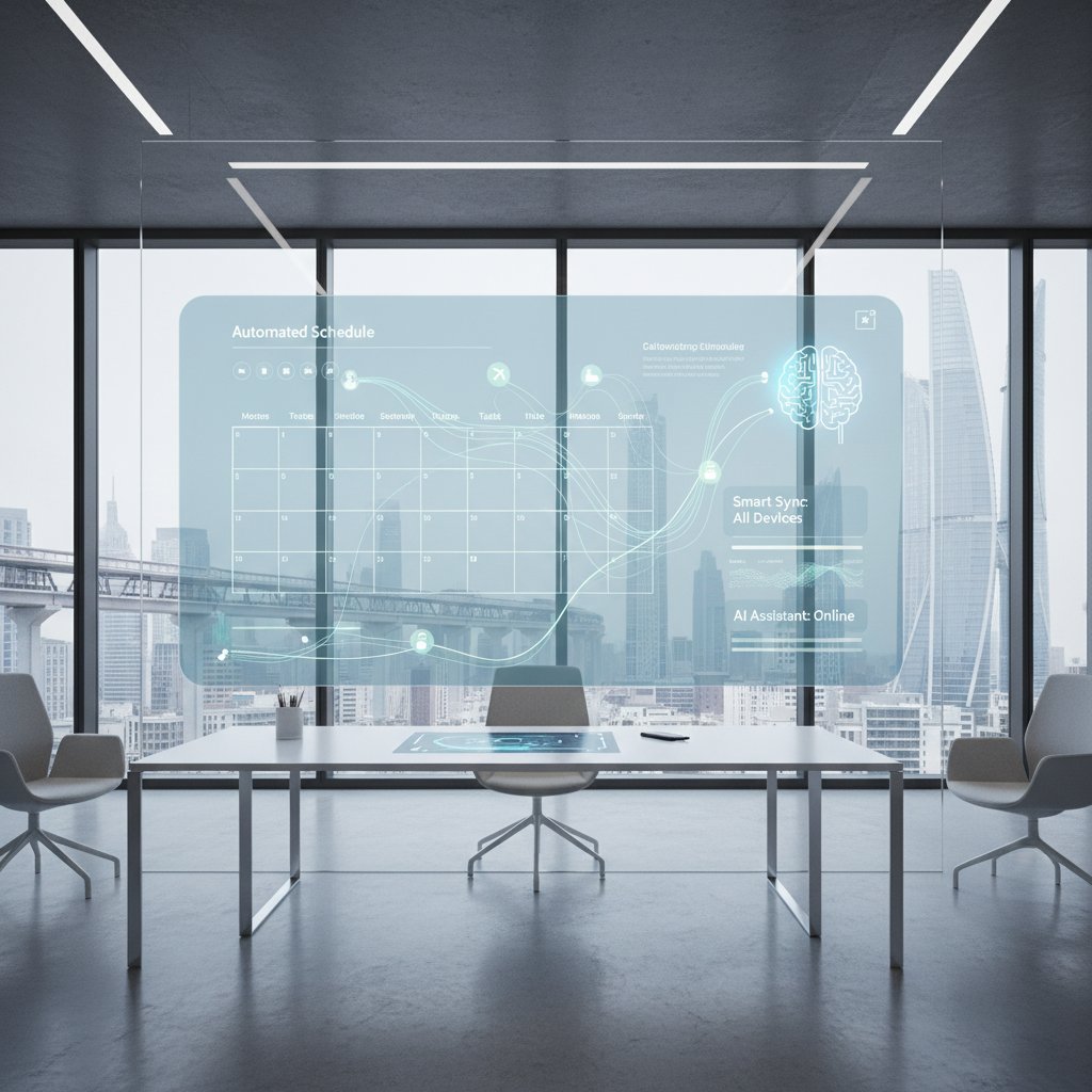 A professional using an AI-powered calendar assistant on a laptop, with smart suggestions and automated scheduling on screen, in a sleek office