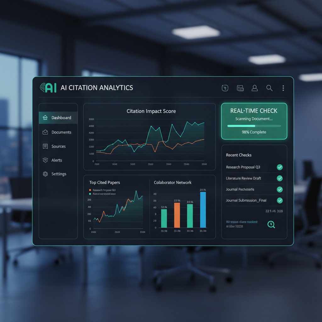 A computer screen displaying AI-powered citation analytics dashboard, showing real-time citation checking