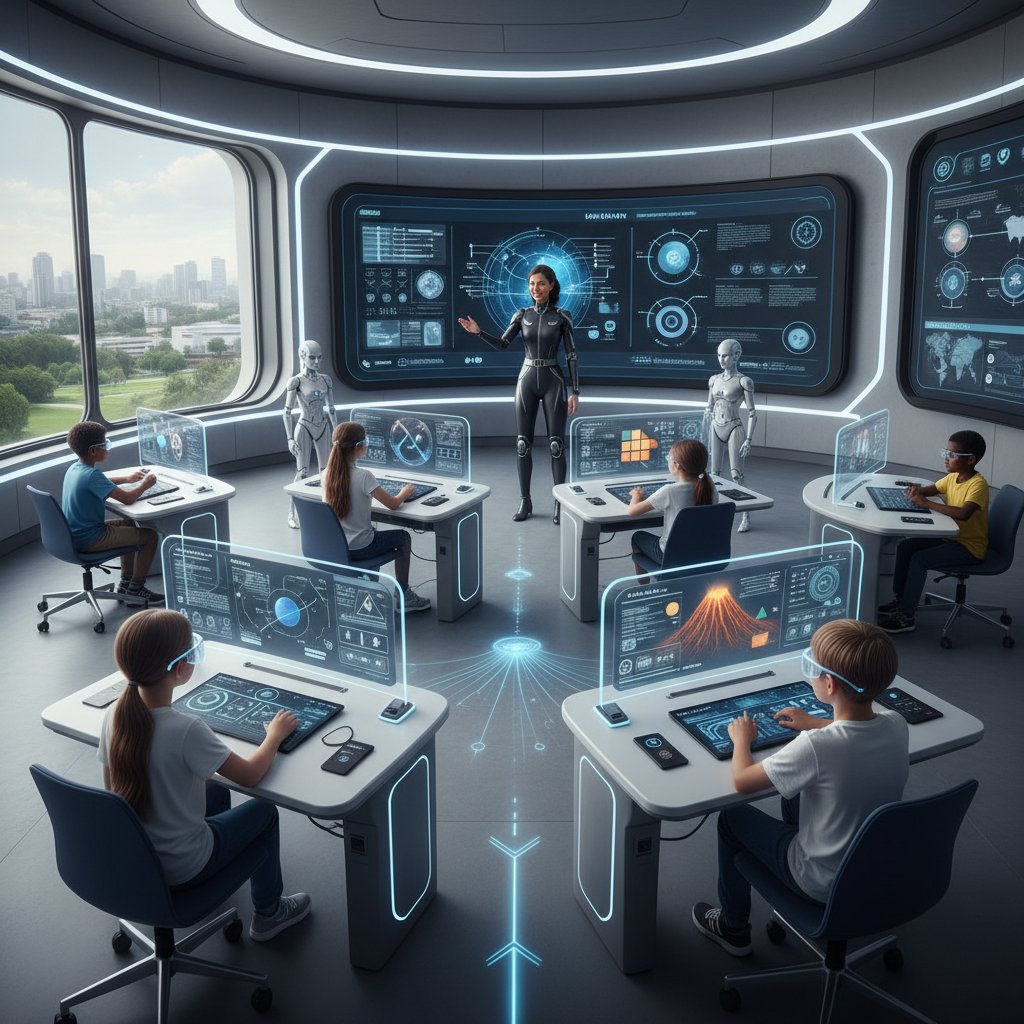 Klasa z nauczycielem i narzędziami AI w tle, wszyscy aktywnie korzystają z nowych technologii edukacyjnych