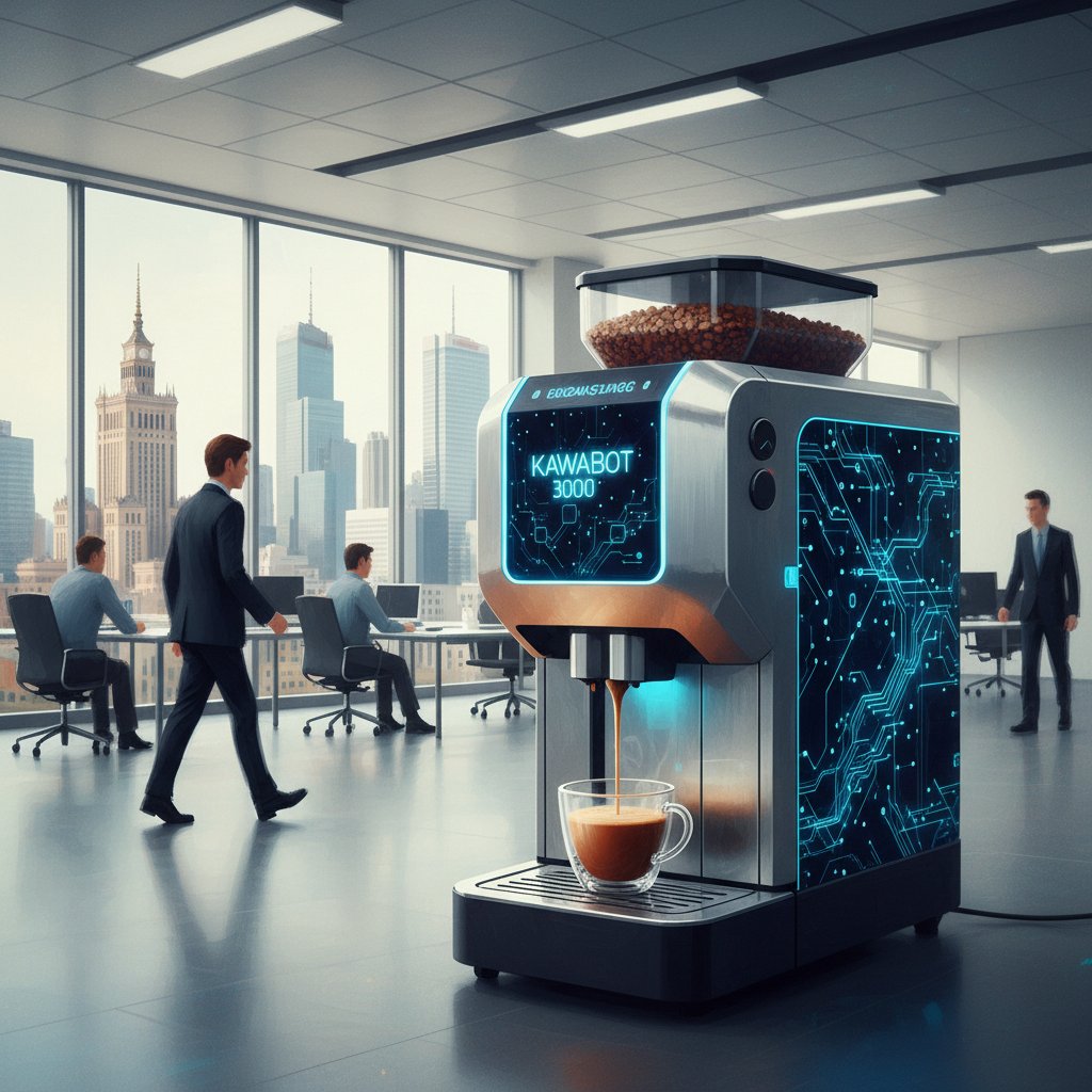 Artystyczne zdjęcie ekspresu do kawy sterowanego przez AI, serwującego pracownikom biura w Polsce – nietypowe inspiracje robotyzacji