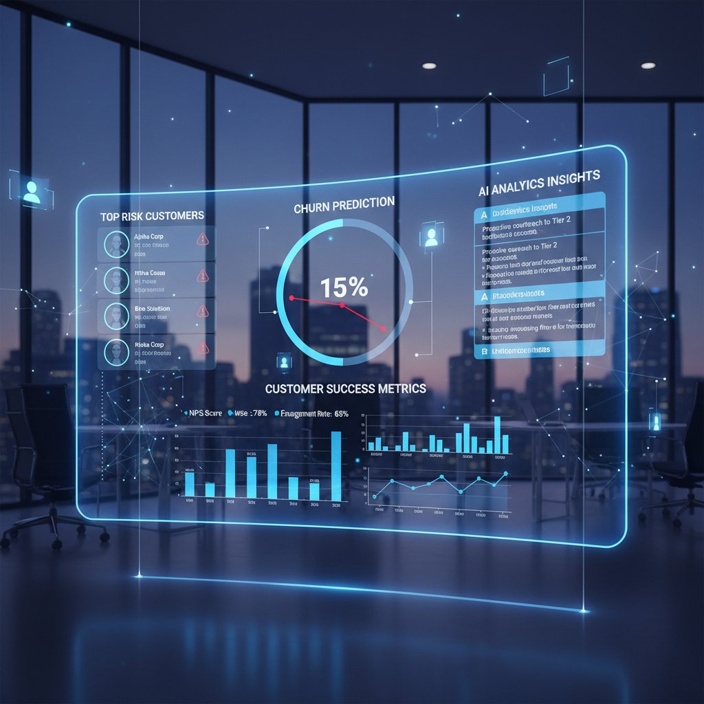 AI-powered dashboard displaying churn prediction and customer health analytics, futuristic design