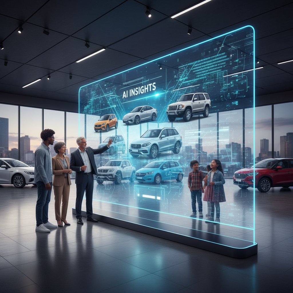 AI-powered display assisting a diverse group of car buyers, showing the role of technology in automotive demographics