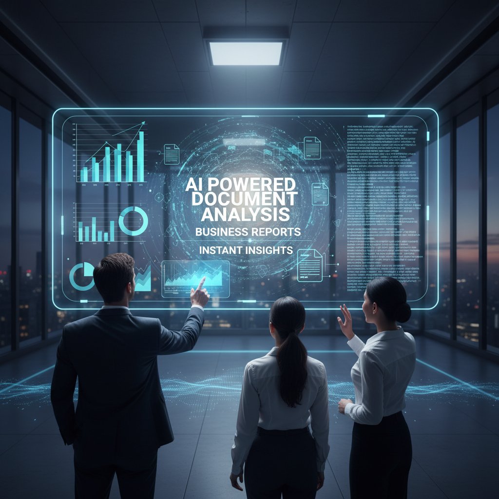 AI-powered document analysis scanning a pile of business reports in a high-tech office, representing instant insights from documents