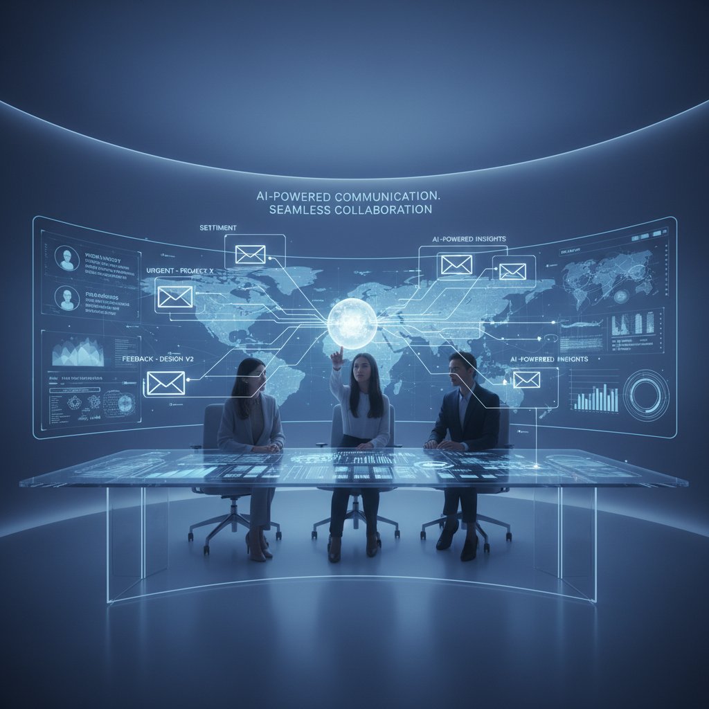 AI-powered email workspace with a future-oriented digital team collaborating efficiently