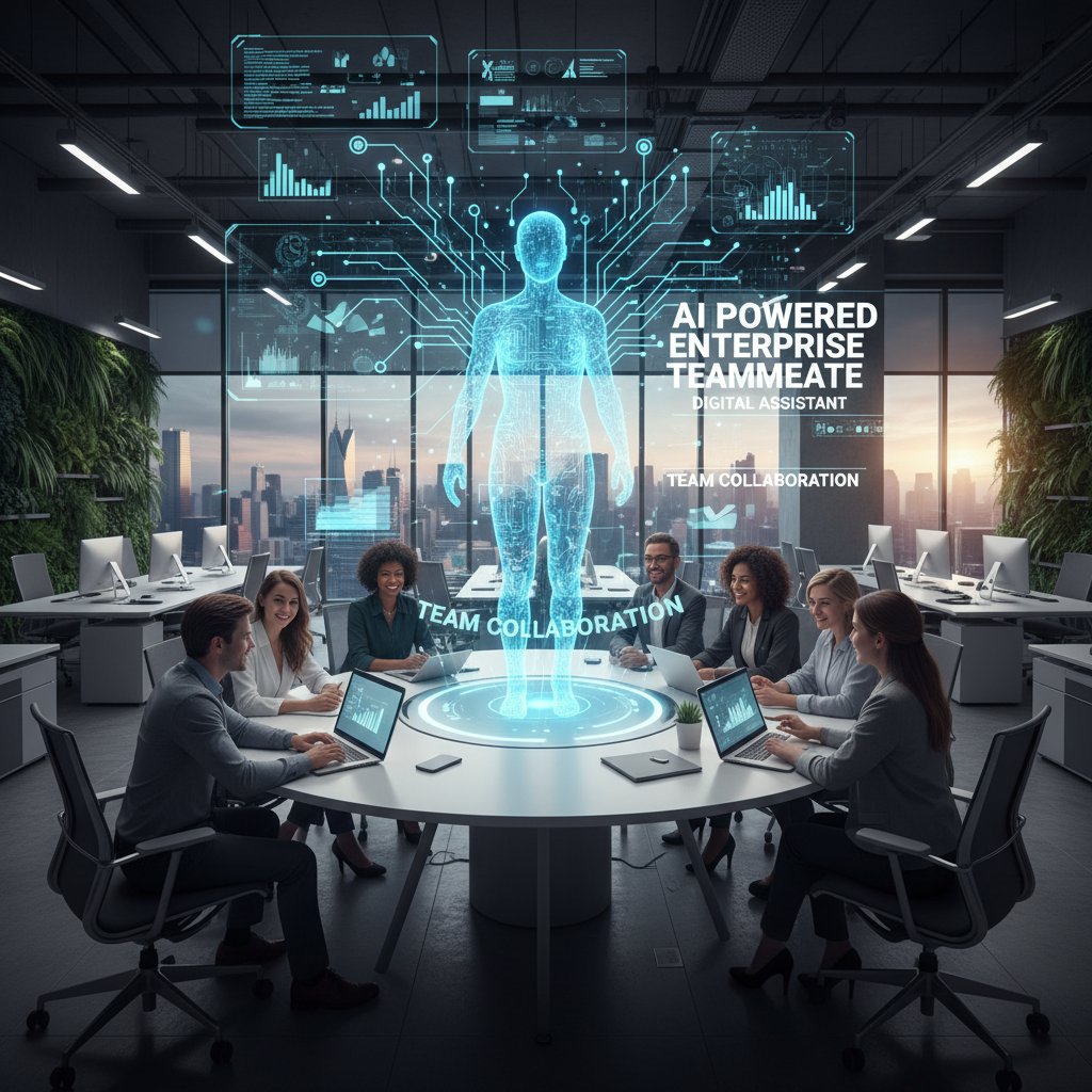 AI-powered enterprise teammate collaborating with humans, digital assistant interface in a team setting.
