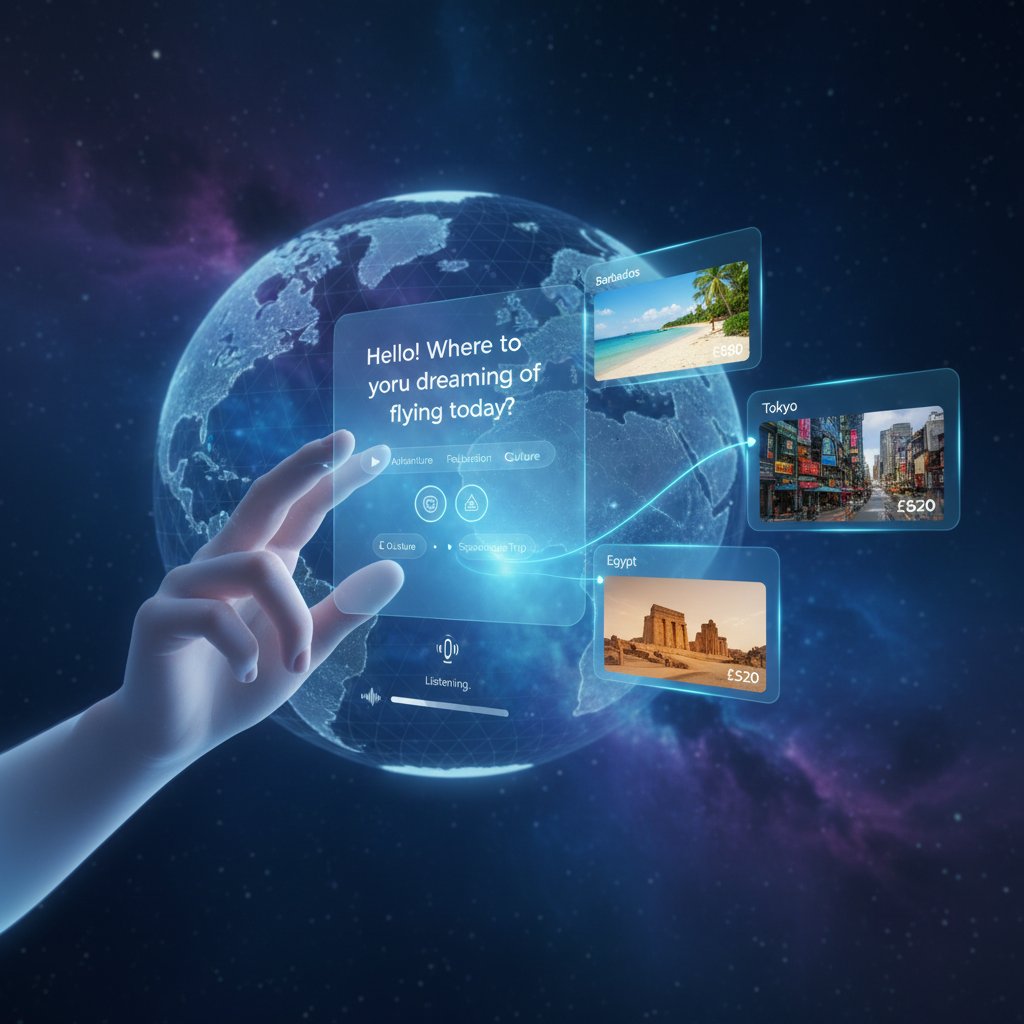 Futuristic AI flight search dashboard with personalized recommendations and flight alert notifications