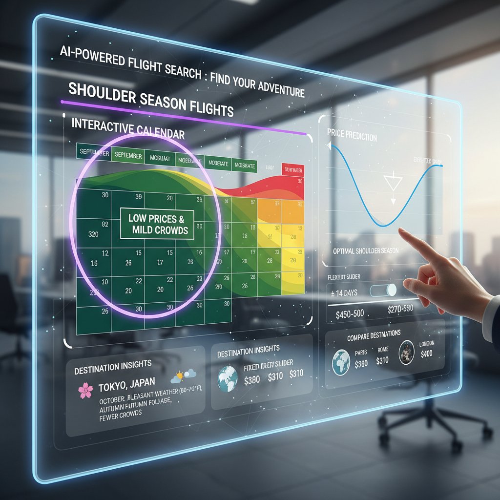 Abstract AI-powered flight search dashboard overlay, reflecting the future of shoulder season flights