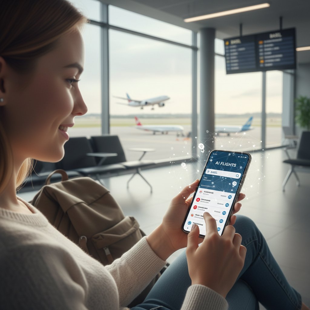 Traveler using an AI-powered flight app on a smartphone, candid editorial photo