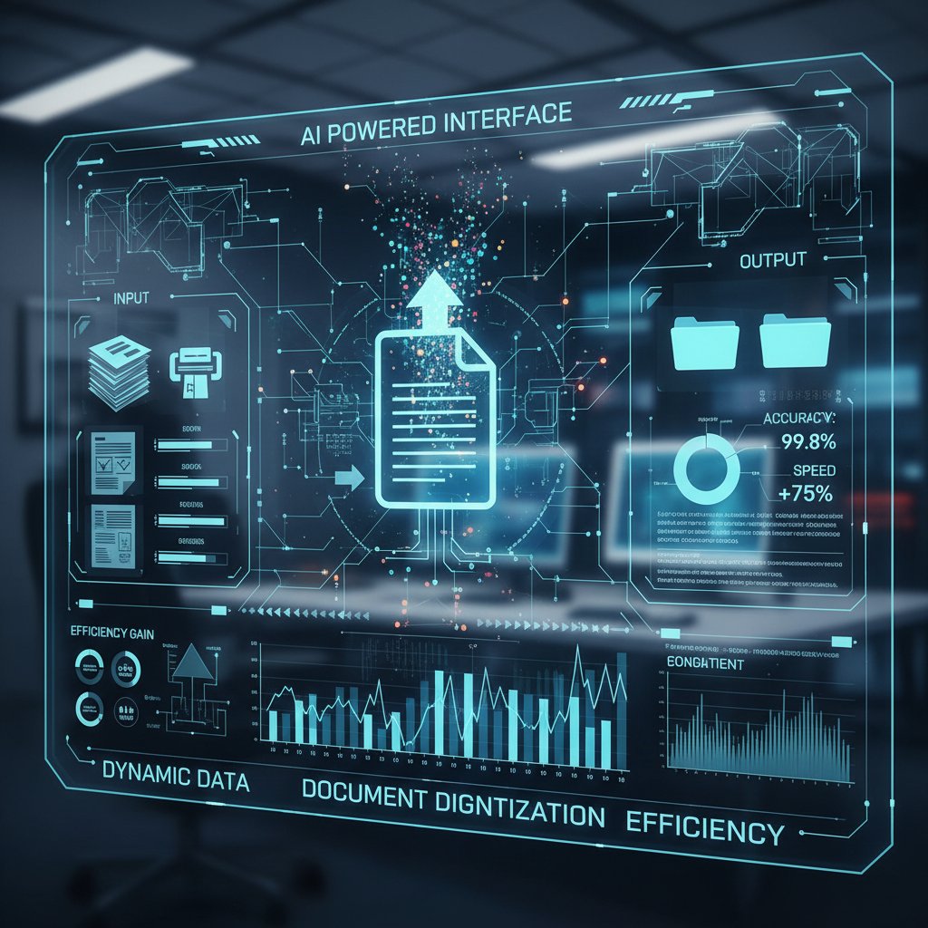 AI-powered document digitization interface, showing dynamic data flows and futuristic digital elements