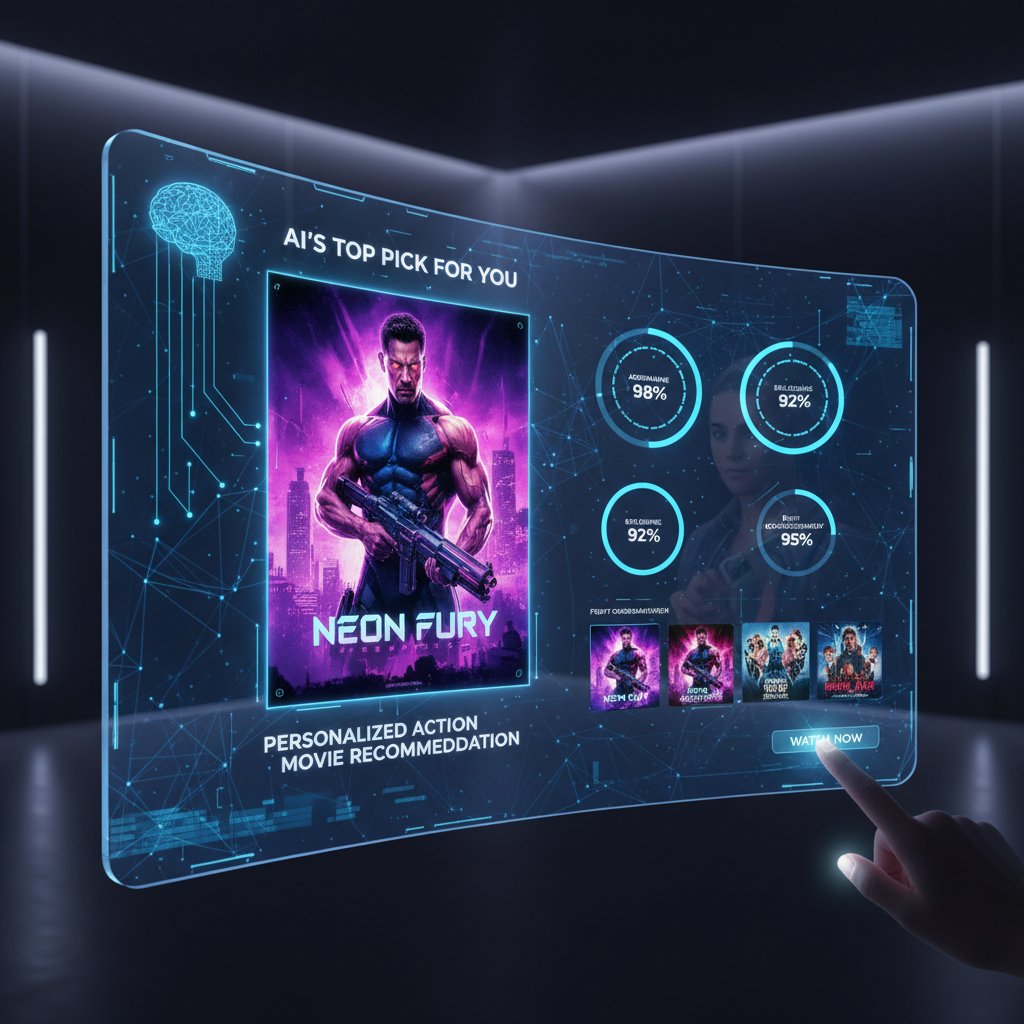 AI-powered interface suggesting personalized action movies based on user profile, futuristic style, movie covers