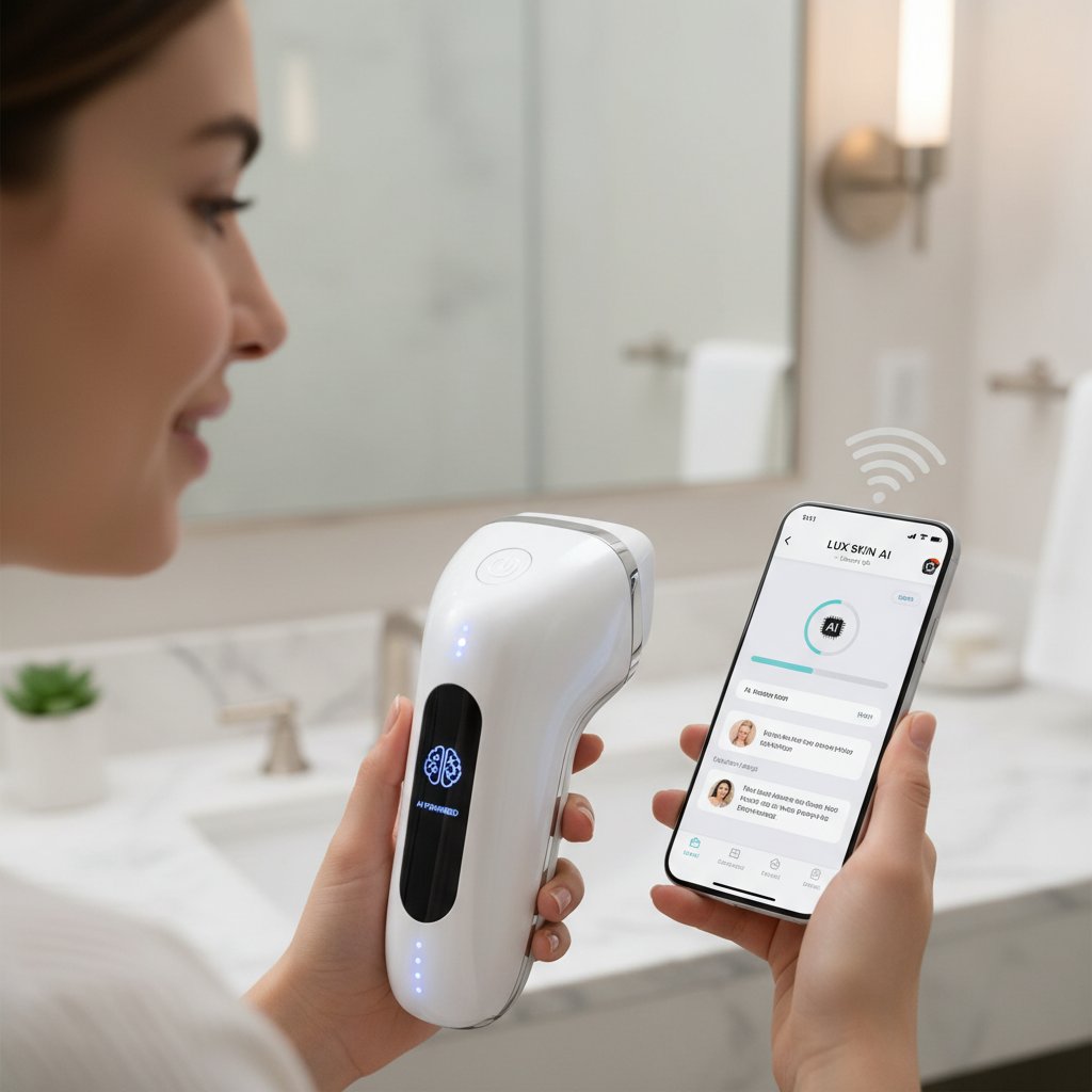 Nowoczesne domowe urządzenie IPL z wyświetlaczem AI, użytkownik korzystający z aplikacji mobilnej