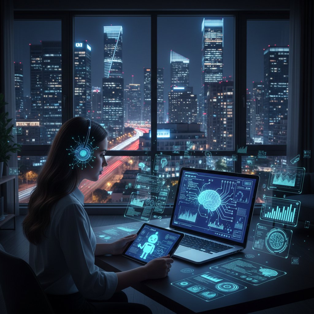 Osoba analizująca dane z pomocą AI na laptopie przy biurku z nowoczesnym widokiem miasta