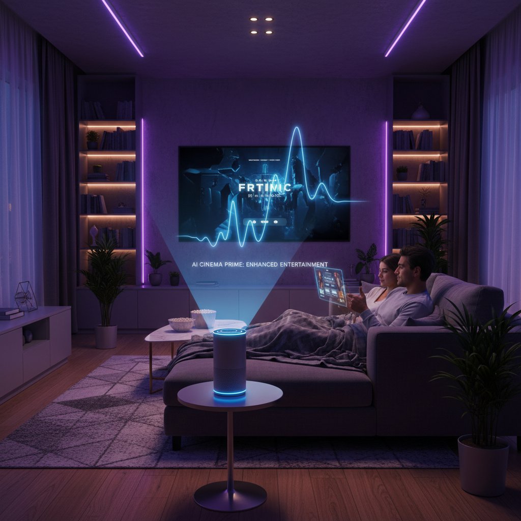 A modern living room with a voice assistant device, TV glowing, and a user interacting hands-free with AI-driven movie recommendations