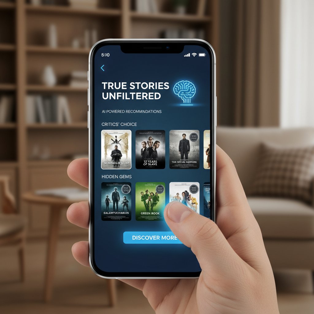 AI-powered movie recommendation app on smartphone showing true story film suggestions
